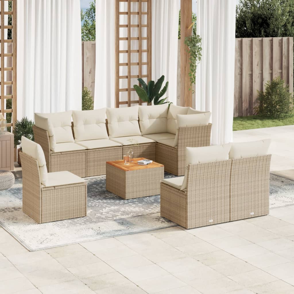 vidaXL 9-tlg. Garten-Sofagarnitur mit Kissen Beige Poly Rattan