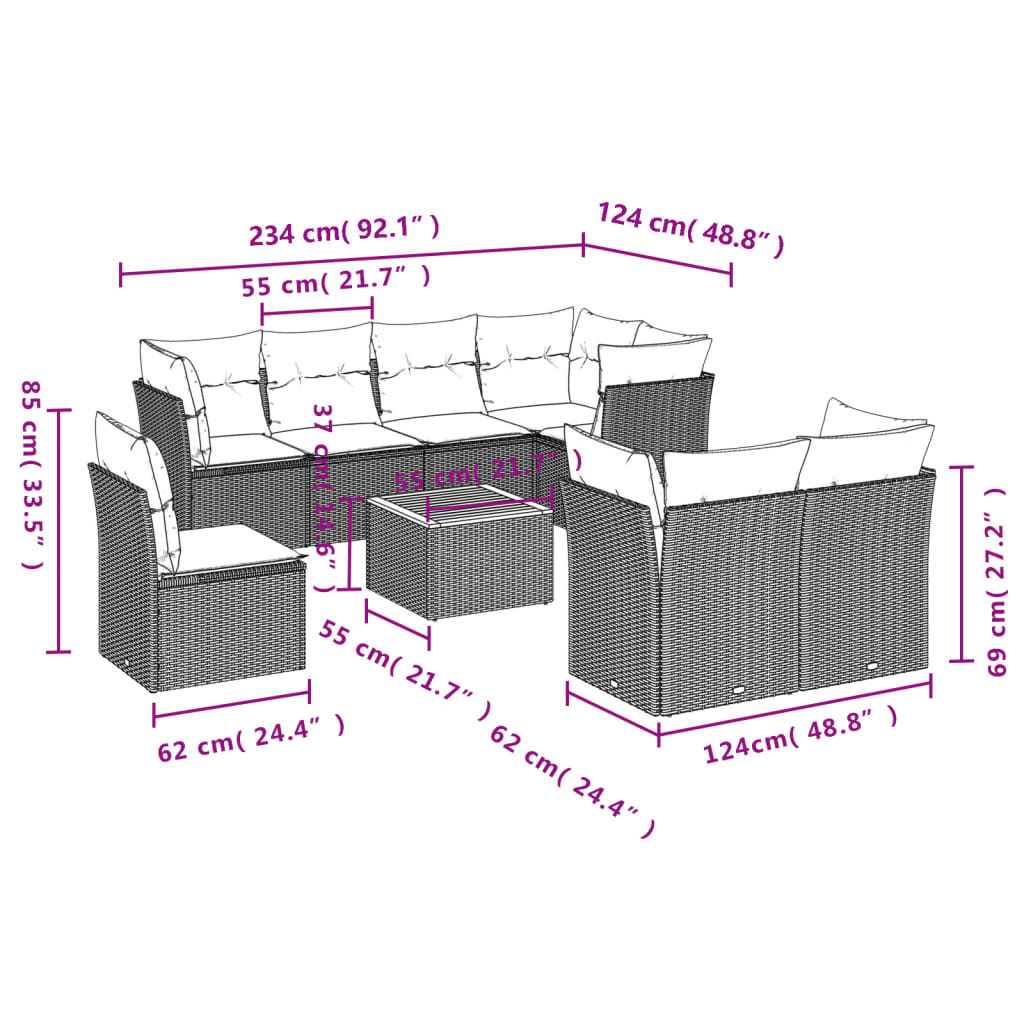 vidaXL 9-delige Loungeset met kussens poly rattan beige