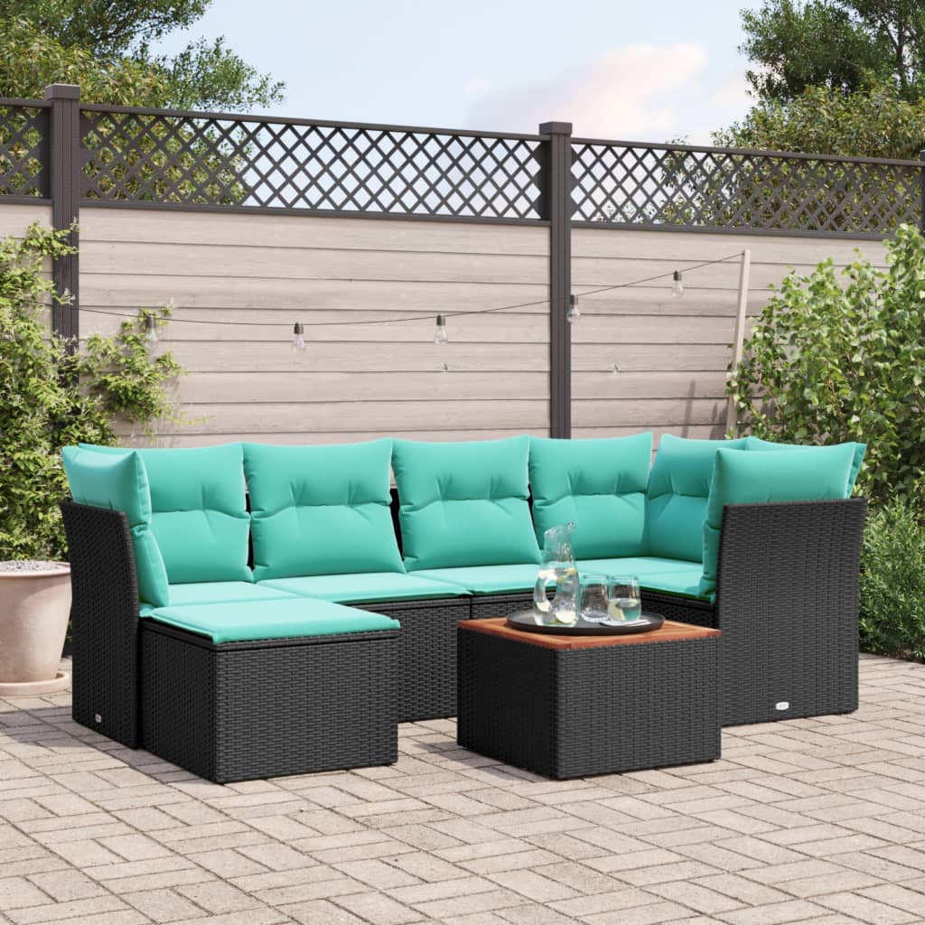 7 Piece Patio Sofa Set with Cushions Black Poly Rattan