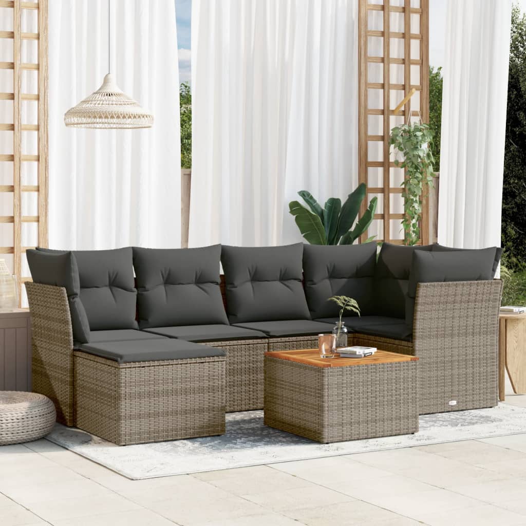 vidaXL 7-tlg. Garten-Sofagarnitur mit Kissen Grau Poly Rattan