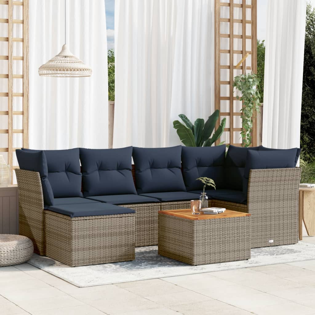 7 Piece Patio Sofa Set with Cushions Gray Poly Rattan