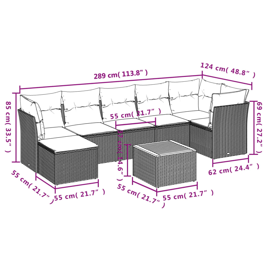 vidaXL 8-delige Loungeset met kussens poly rattan beige