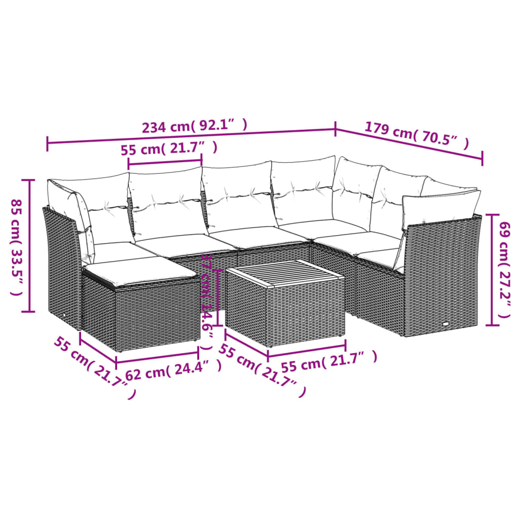 Set mobilier de grădină cu perne, 8 piese, negru, poliratan 3223759 - imagine 3