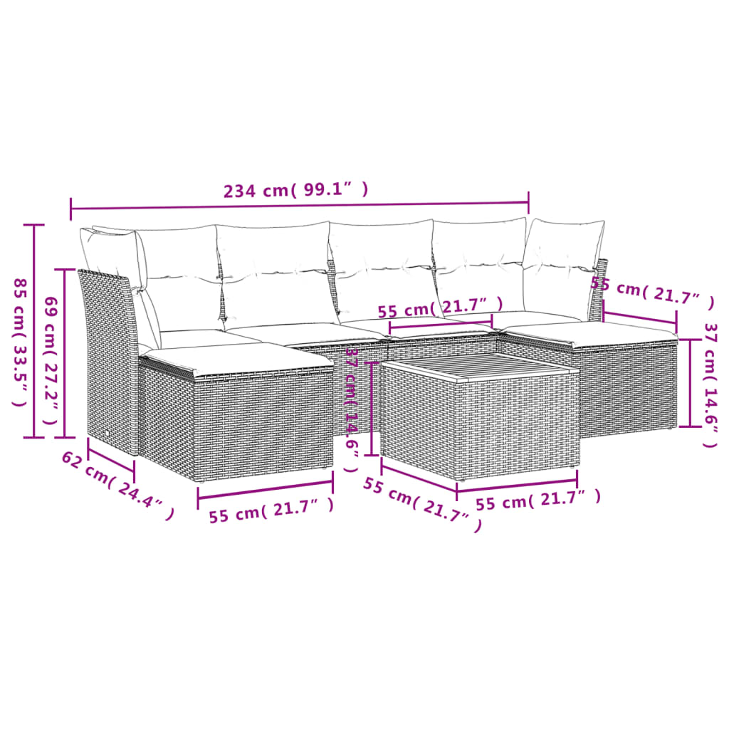 vidaXL 7-delige Loungeset met kussens poly rattan zwart afbeelding