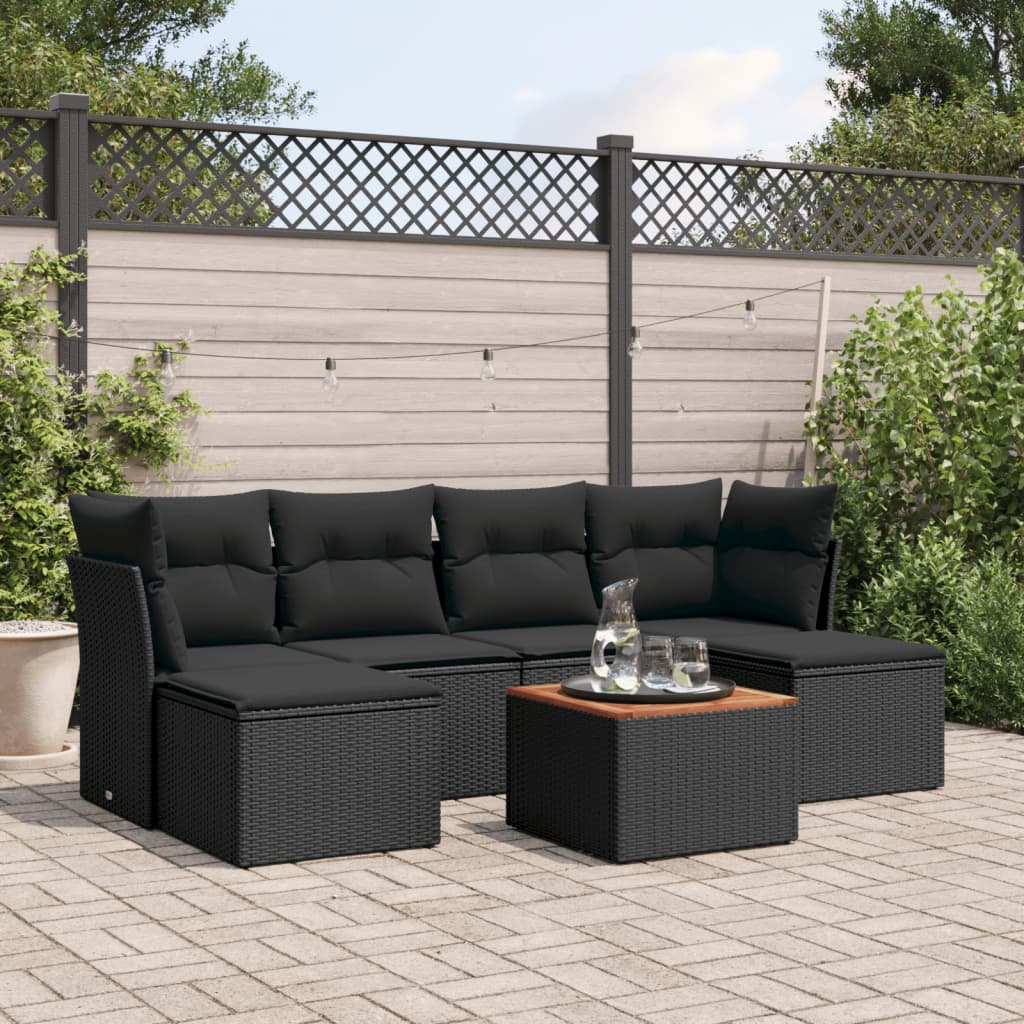 7-tlg. Garten-Sofagarnitur mit Kissen Schwarz Poly Rattan