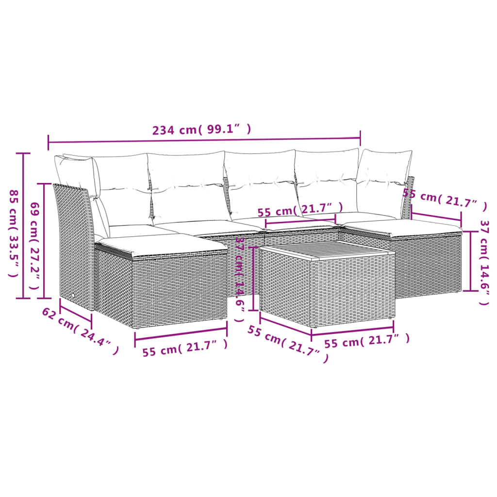 vidaXL 7-delige Loungeset met kussens poly rattan grijs afbeelding