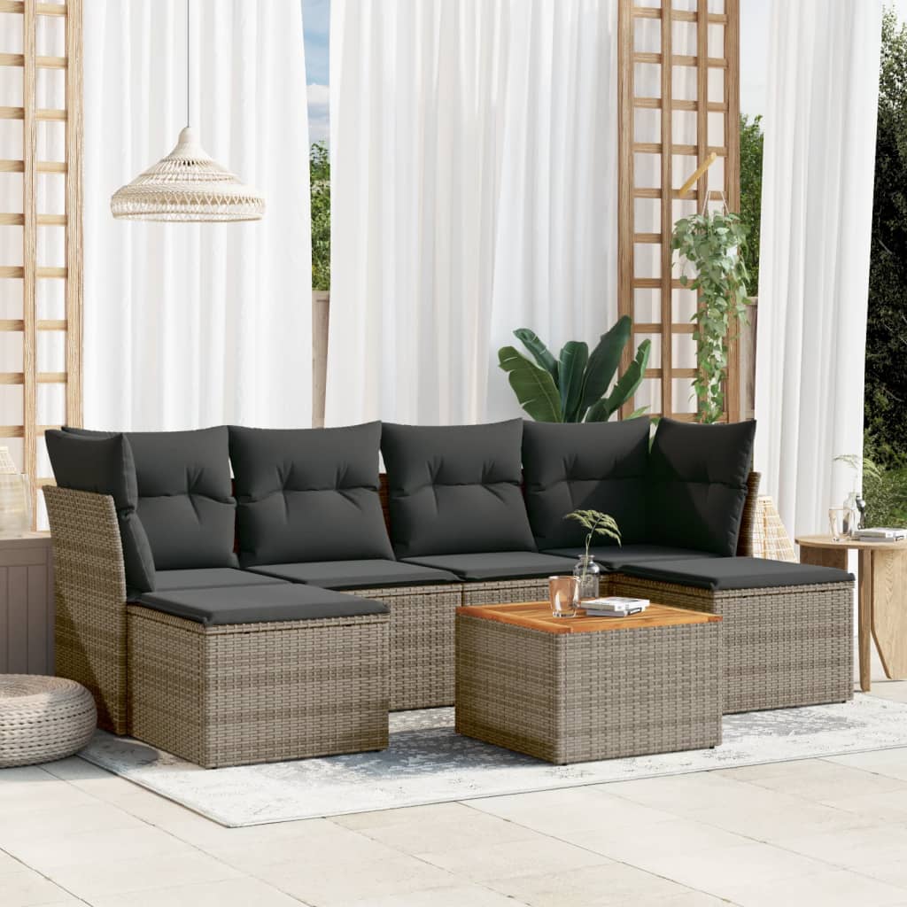 7-tlg. Garten-Sofagarnitur mit Kissen Grau Poly Rattan