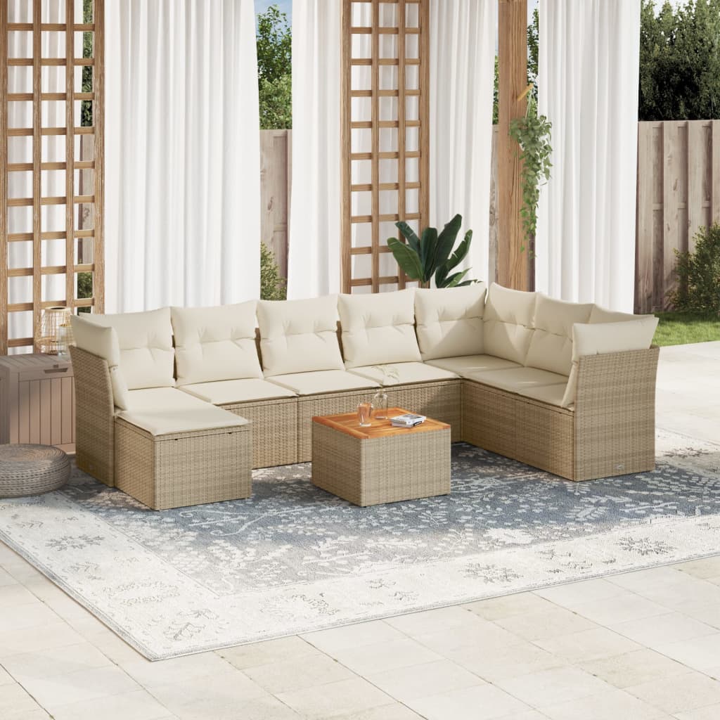 vidaXL 9-tlg. Garten-Sofagarnitur mit Kissen Beige Poly Rattan