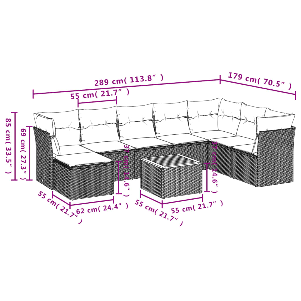 vidaXL 9-delige Loungeset met kussens poly rattan grijs afbeelding