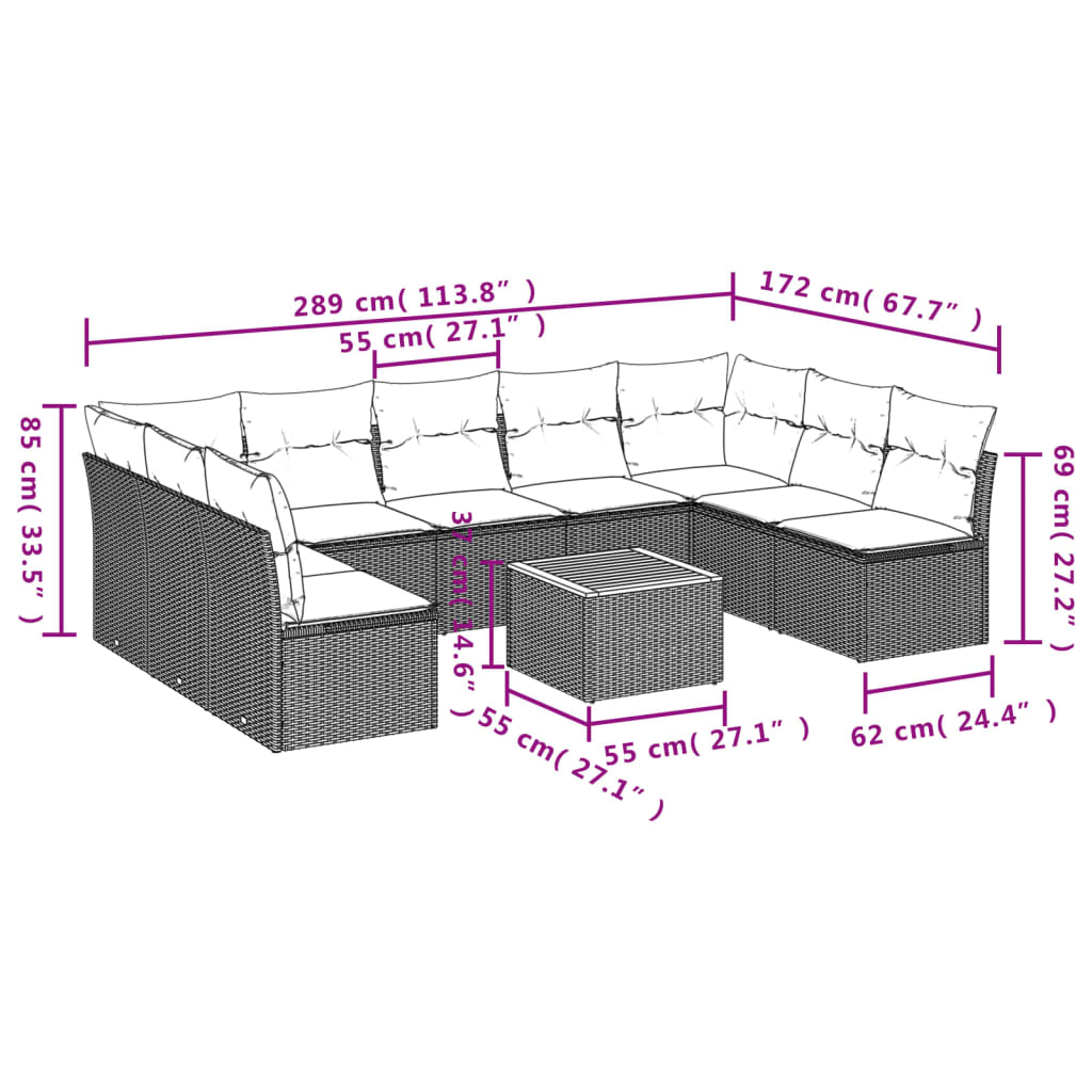 Set canapele de grădină cu perne, 10 piese, negru, poliratan 3223787 - imagine 3