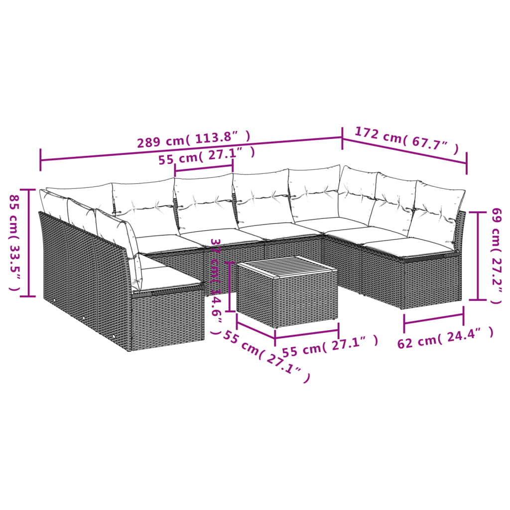 Set canapele de grădină cu perne, 10 piese, negru, poliratan 3223788 - imagine 3
