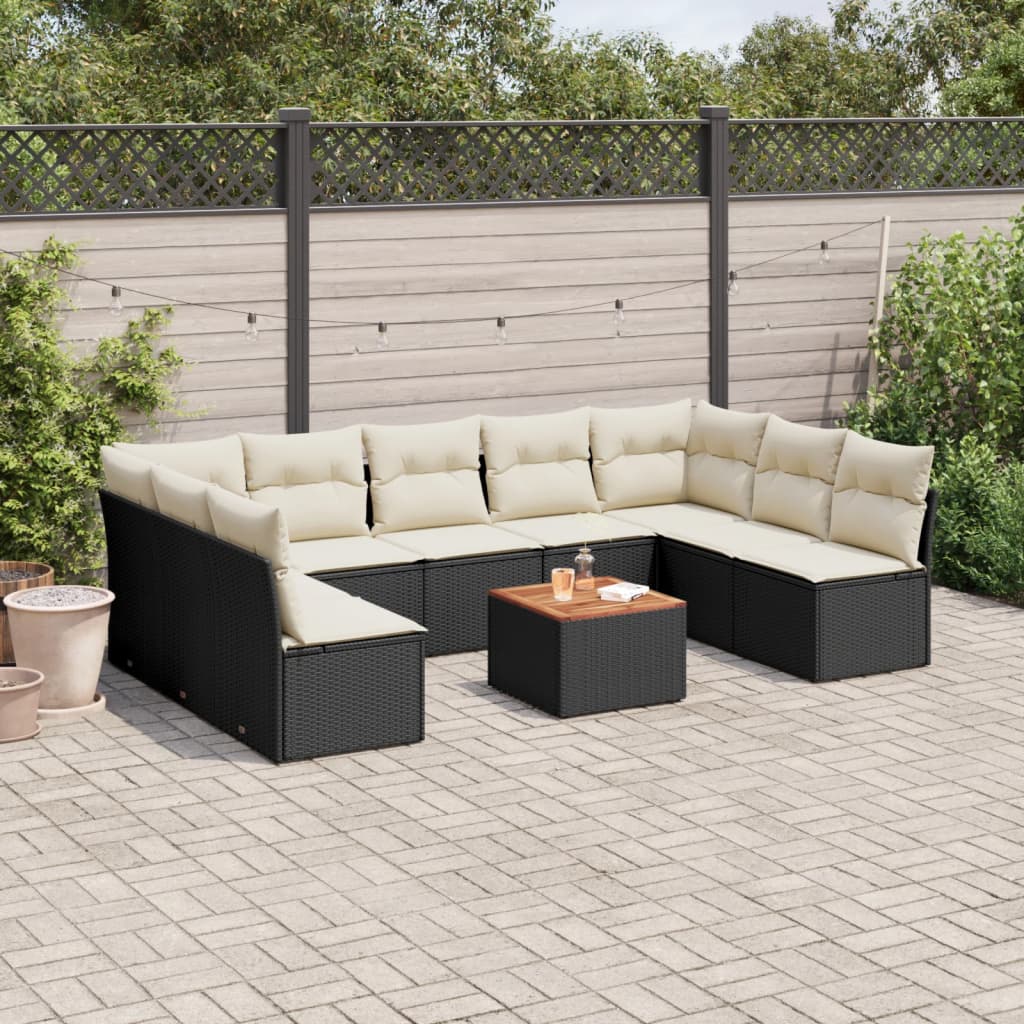 vidaXL 10-tlg. Garten-Sofagarnitur mit Kissen Schwarz Poly Rattan