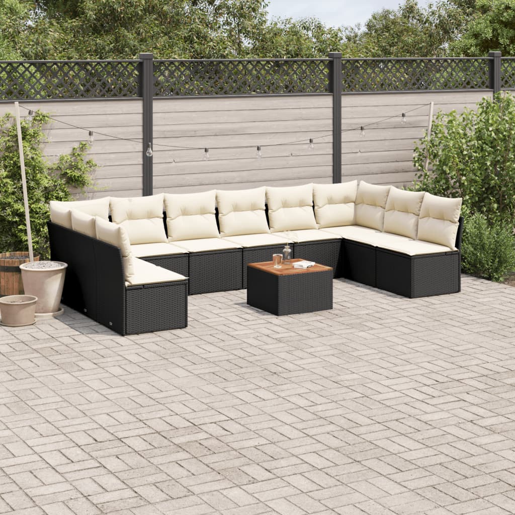 vidaXL 11-tlg. Garten-Sofagarnitur mit Kissen Schwarz Poly Rattan