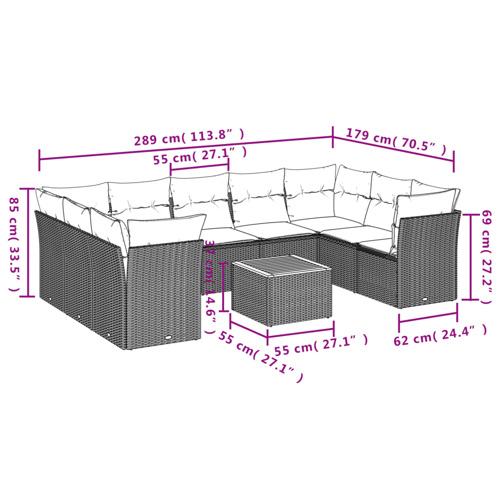 Set canapele de grădină cu perne, 10 piese, negru, poliratan 3223801 - imagine 3