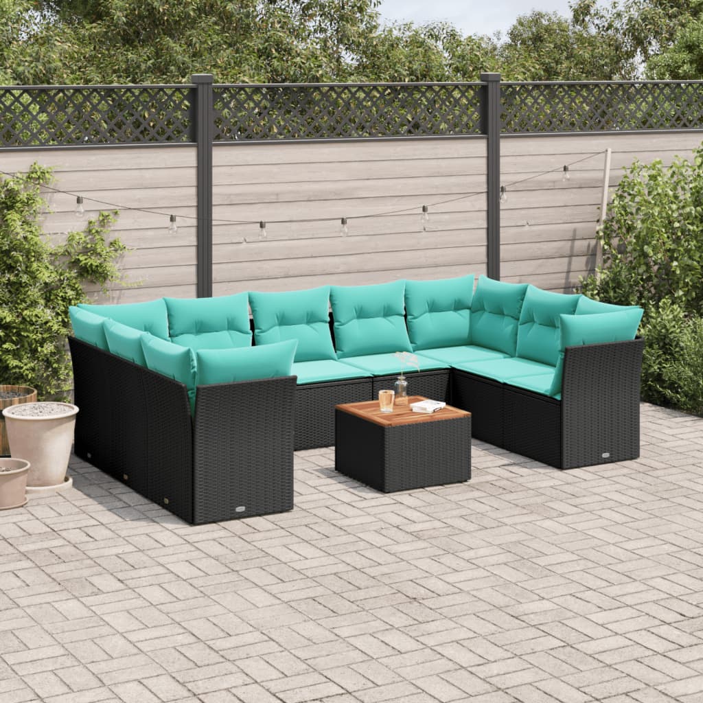 10 Piece Patio Sofa Set with Cushions Black Poly Rattan