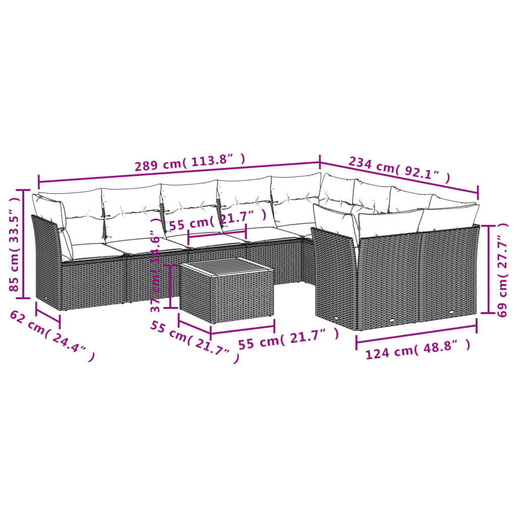 Set mobilier de grădină cu perne, 10 piese, gri, poliratan 3223820 - imagine 3