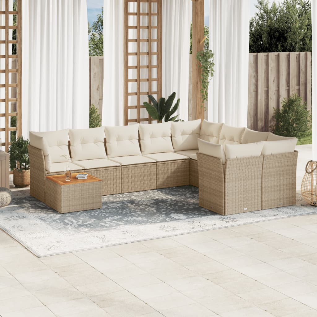 vidaXL 10-tlg. Garten-Sofagarnitur mit Kissen Beige Poly Rattan