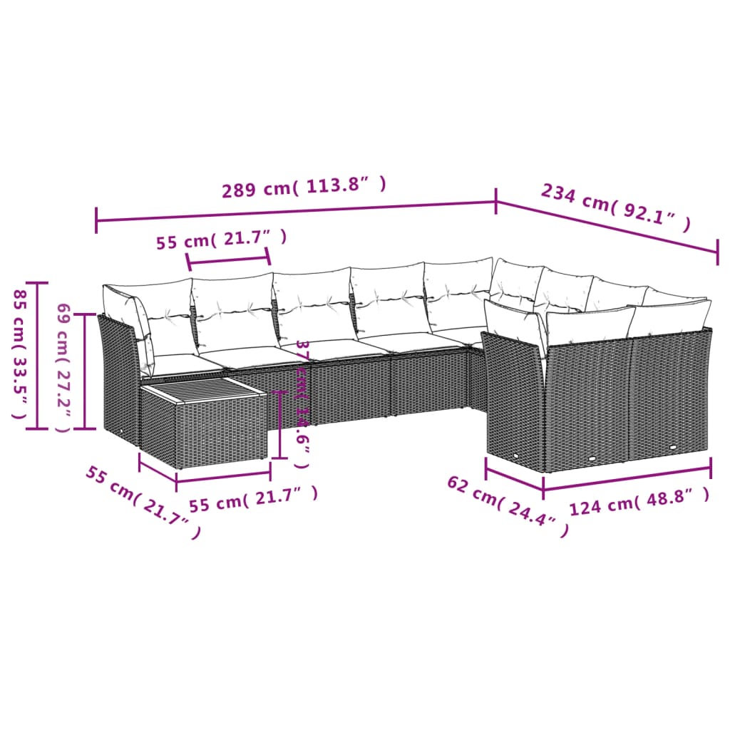 vidaXL 10-delige Loungeset met kussens poly rattan beige