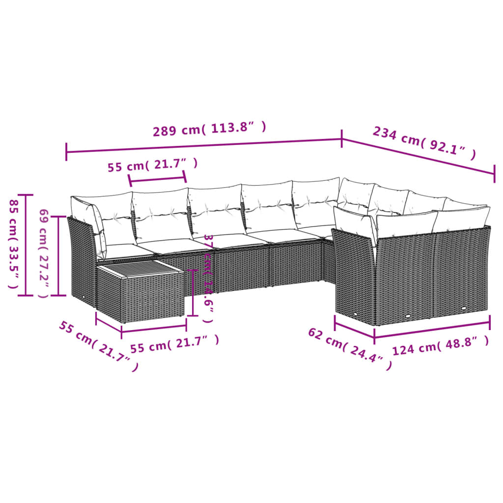 Set mobilier de grădină cu perne, 10 piese, gri, poliratan 3223827 - imagine 3