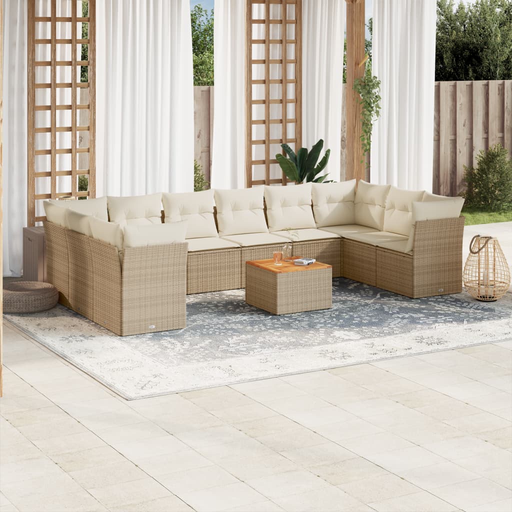 vidaXL 11-tlg. Garten-Sofagarnitur mit Kissen Beige Poly Rattan