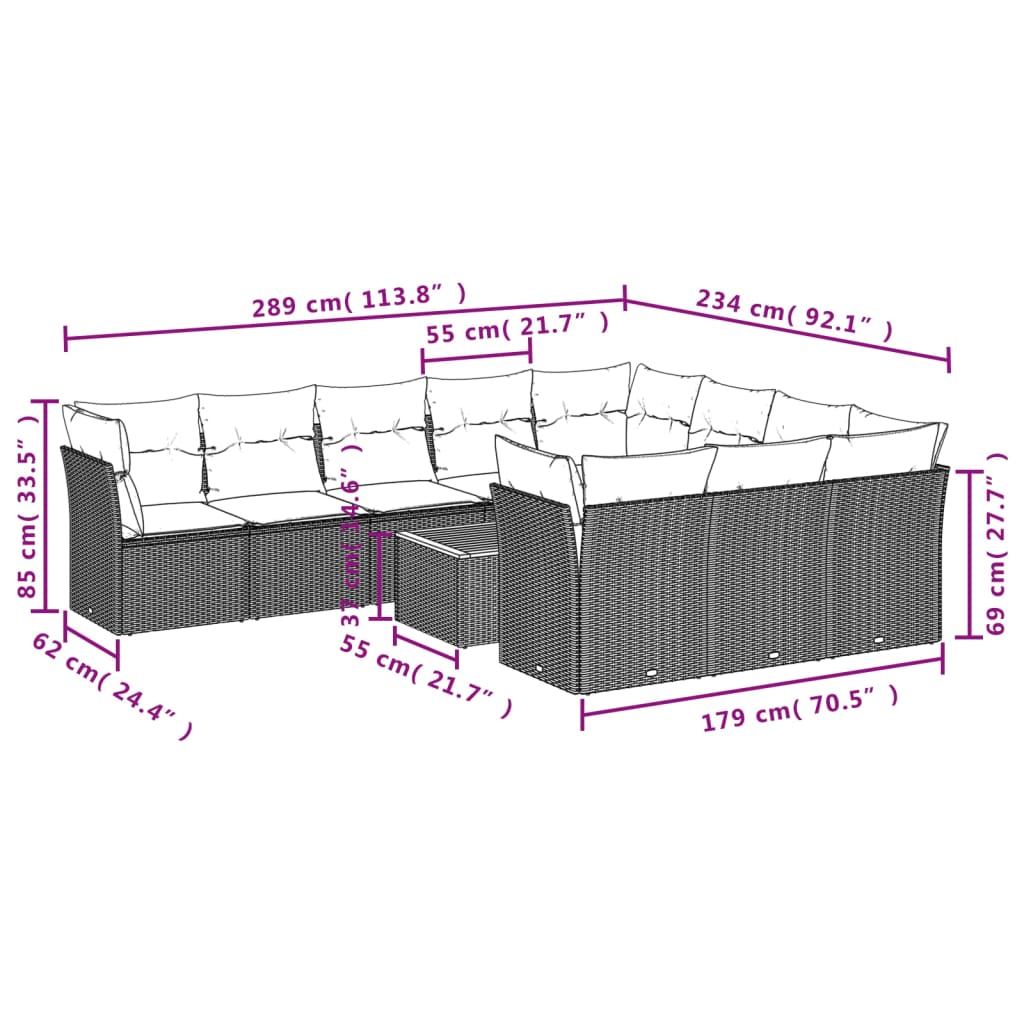 vidaXL 11-delige Tuinset met kussens poly rattan beige afbeelding