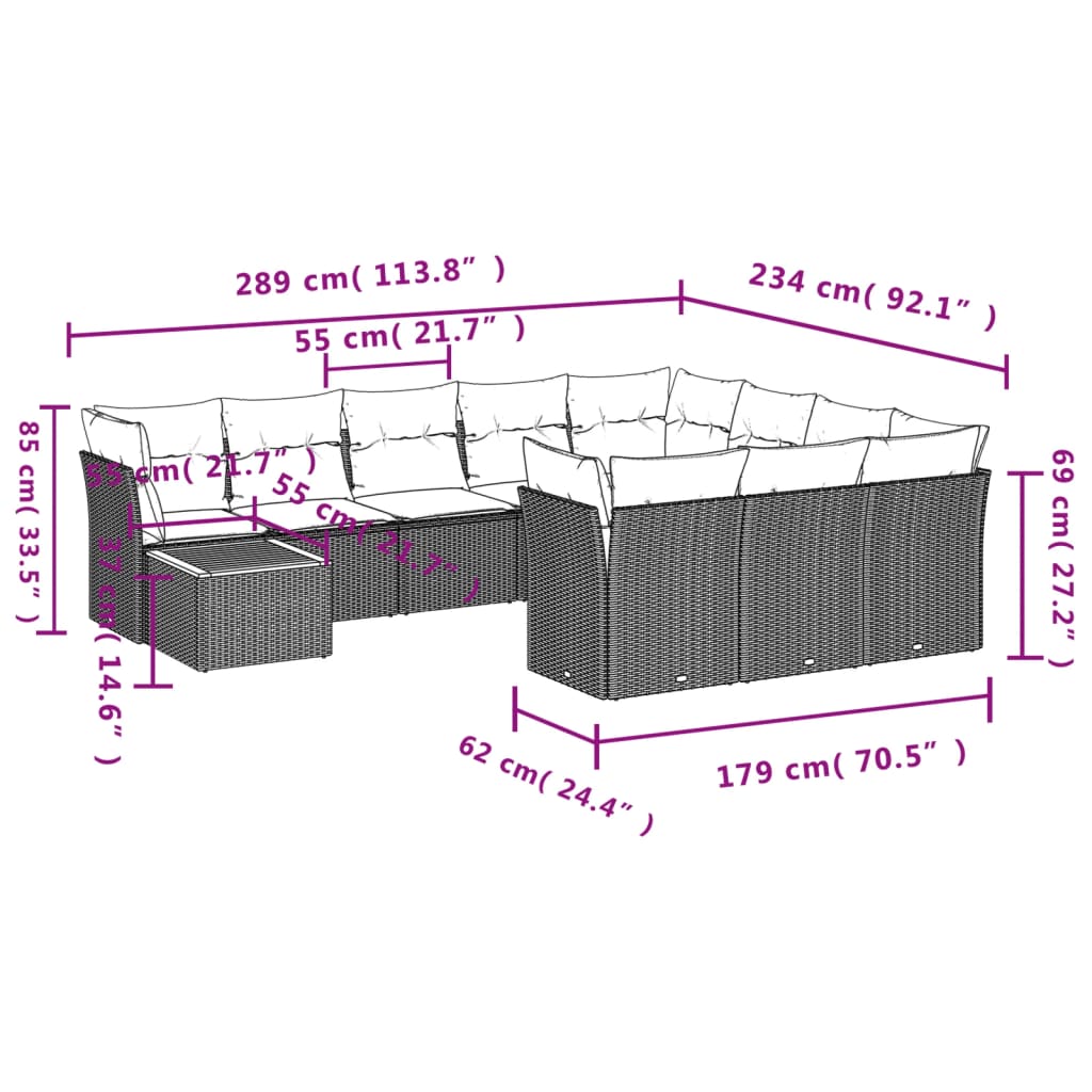 vidaXL 11-delige Tuinset met kussens poly rattan beige