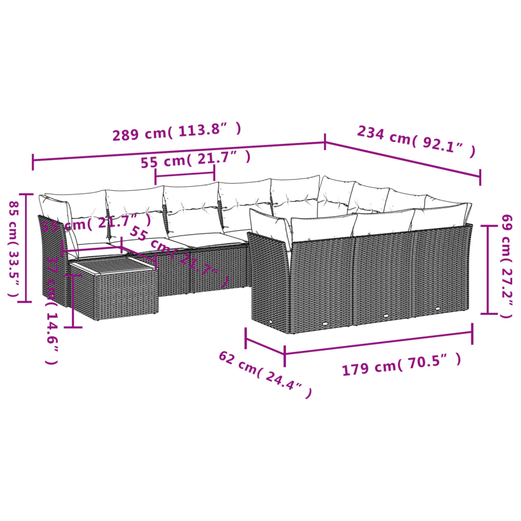 vidaXL 11-delige Tuinset met kussens poly rattan beige