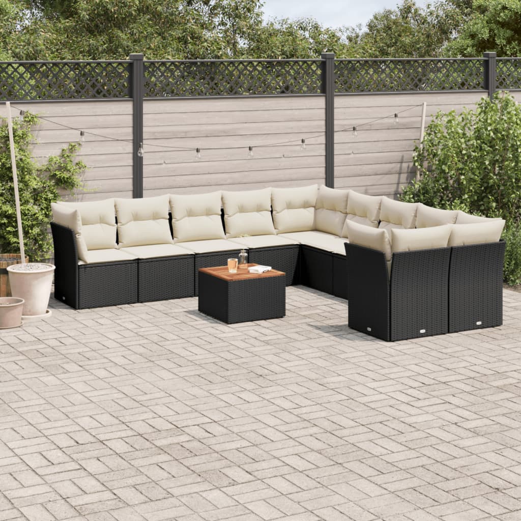 vidaXL 11-tlg. Garten-Sofagarnitur mit Kissen Schwarz Poly Rattan