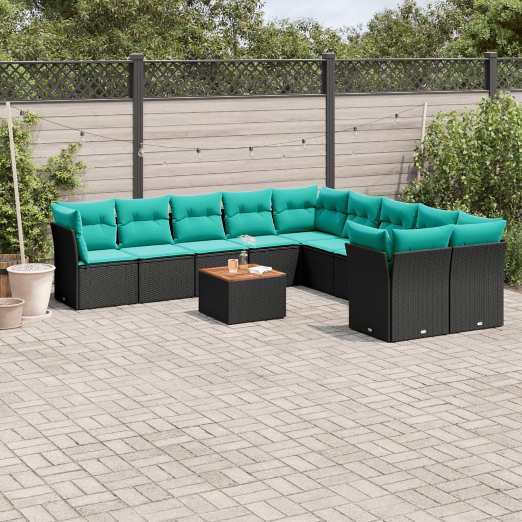 11 pcs conjunto sofás de jardim c/ almofadões vime PE preto