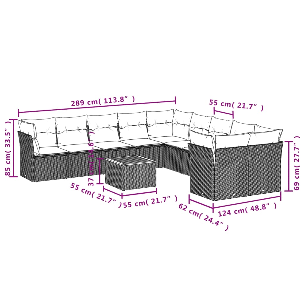 vidaXL 11-delige Tuinset met kussens poly rattan beige