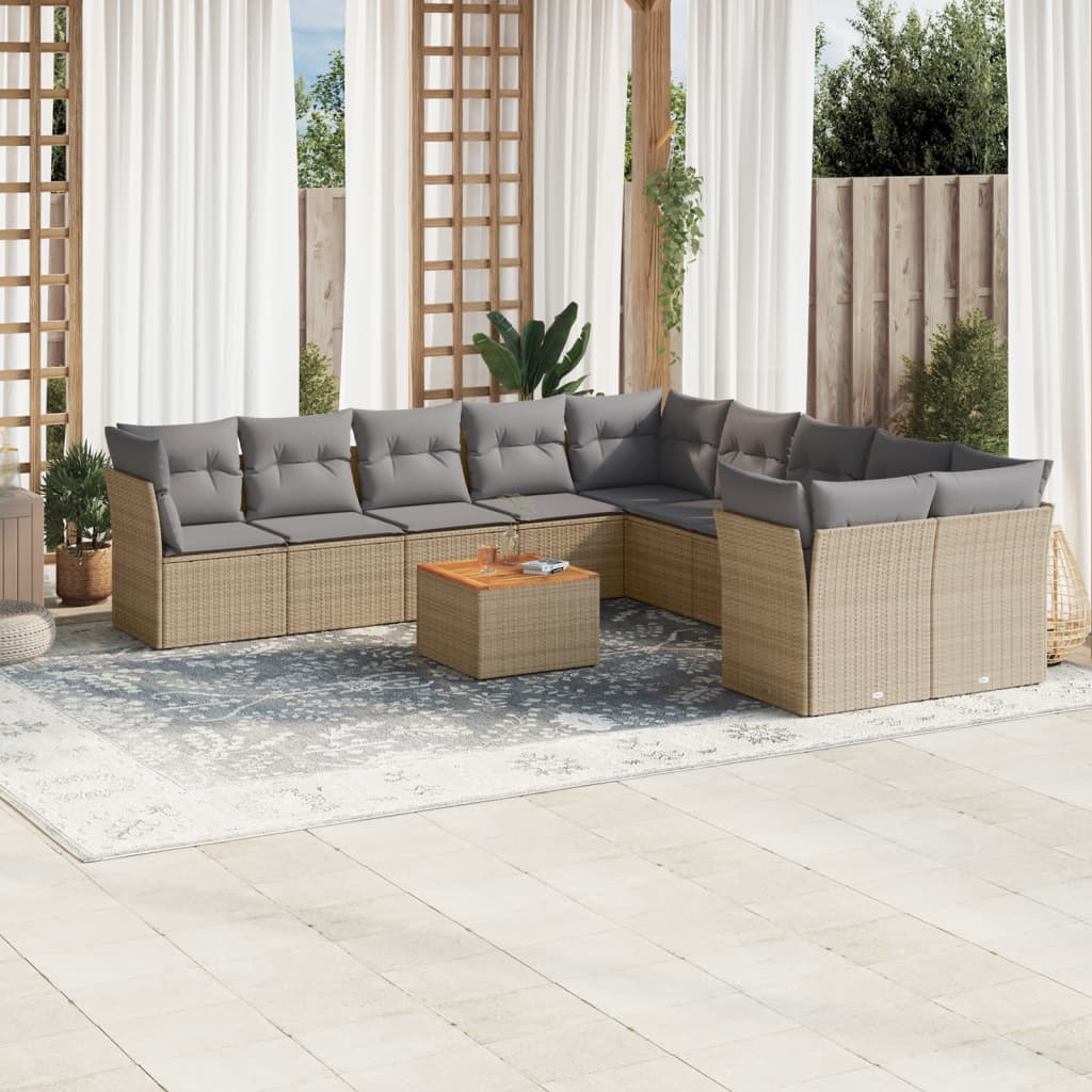 vidaXL 11-tlg. Garten-Sofagarnitur mit Kissen Beige Poly Rattan