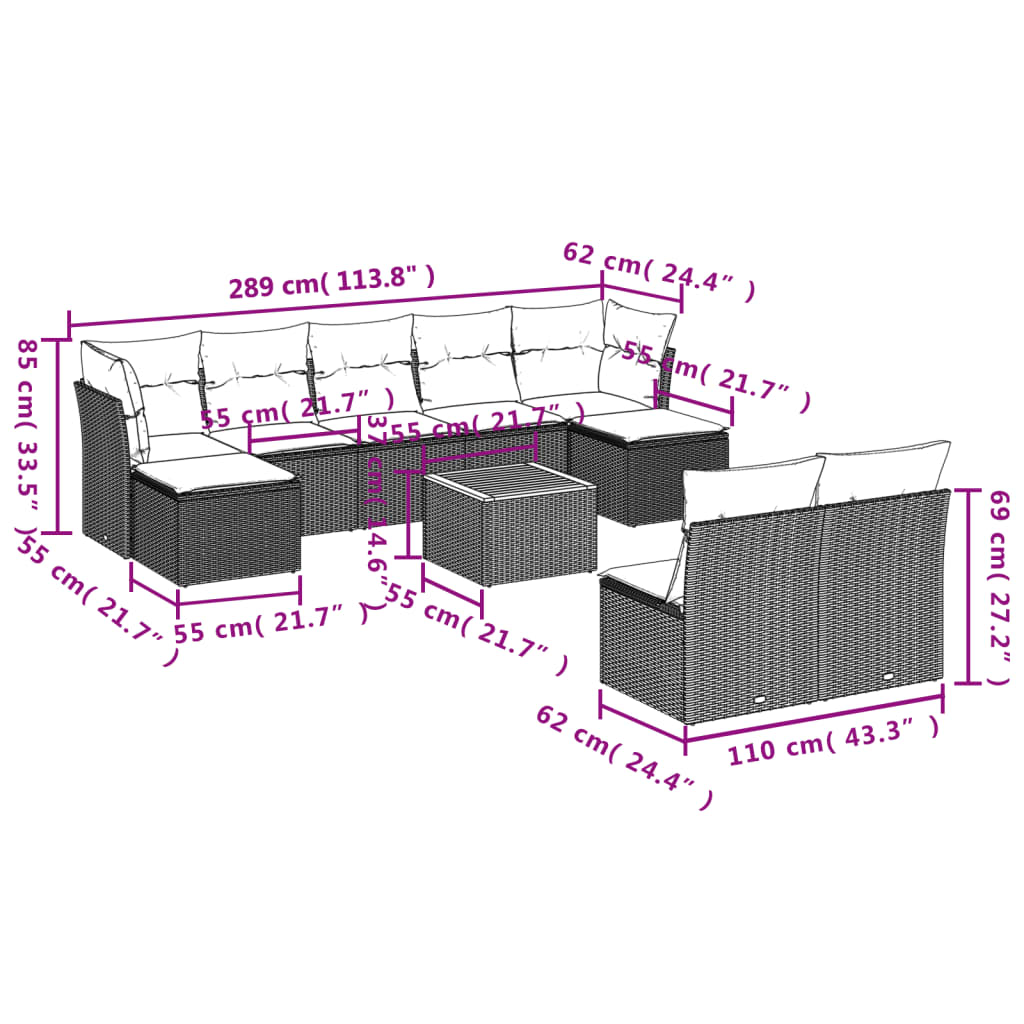 vidaXL 10-delige Loungeset met kussens poly rattan zwart afbeelding