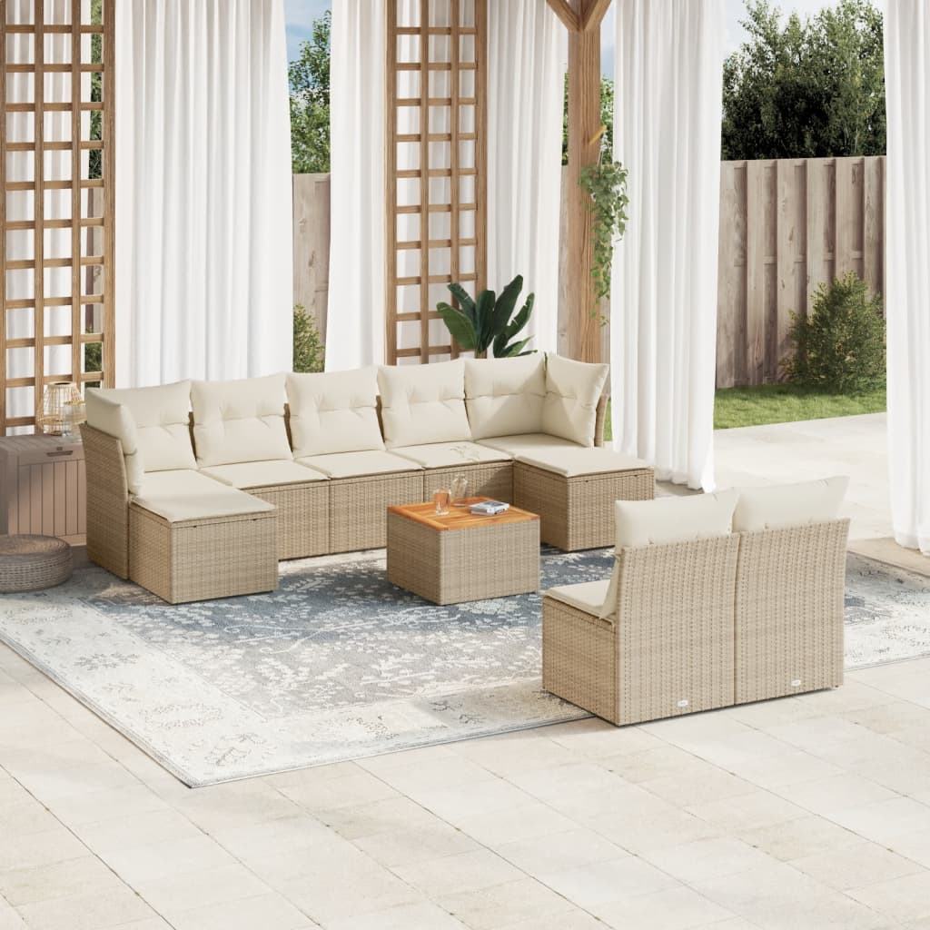 vidaXL 10-tlg. Garten-Sofagarnitur mit Kissen Beige Poly Rattan