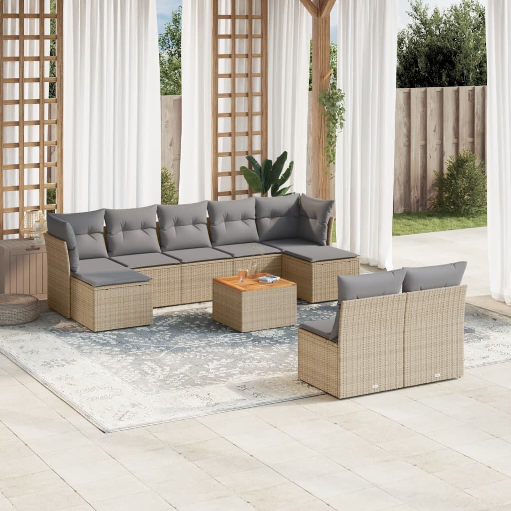 vidaXL 10-tlg. Garten-Sofagarnitur mit Kissen Beige Poly Rattan