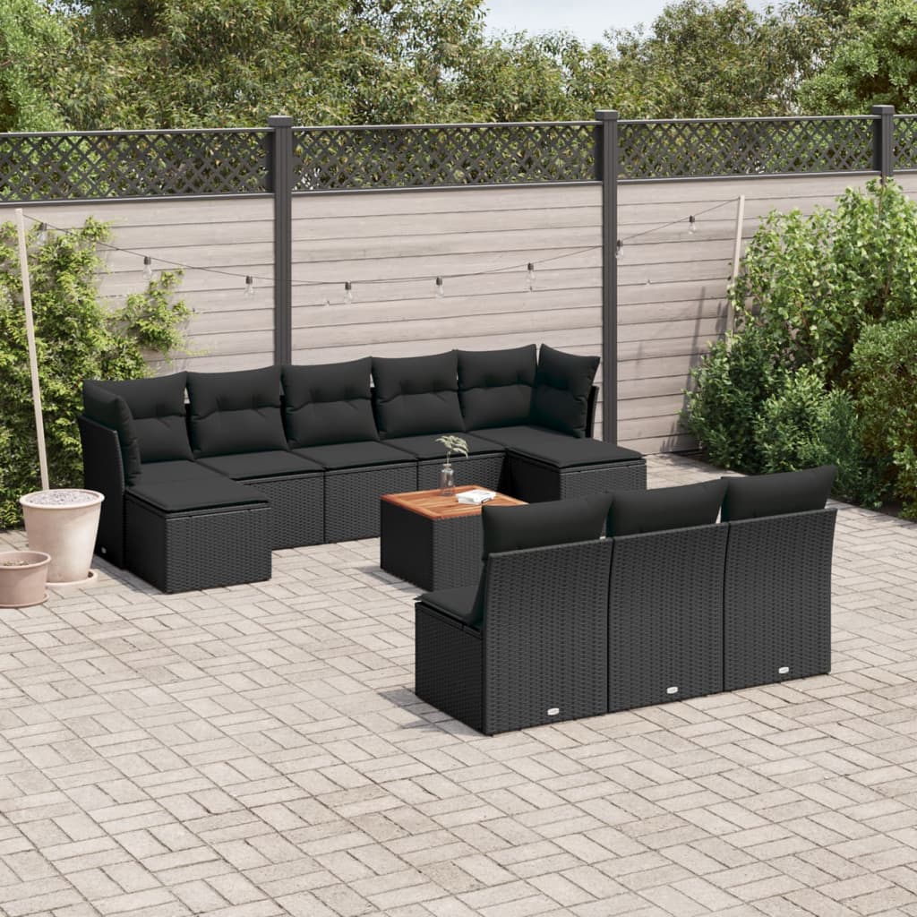 vidaXL 11-tlg. Garten-Sofagarnitur mit Kissen Schwarz Poly Rattan