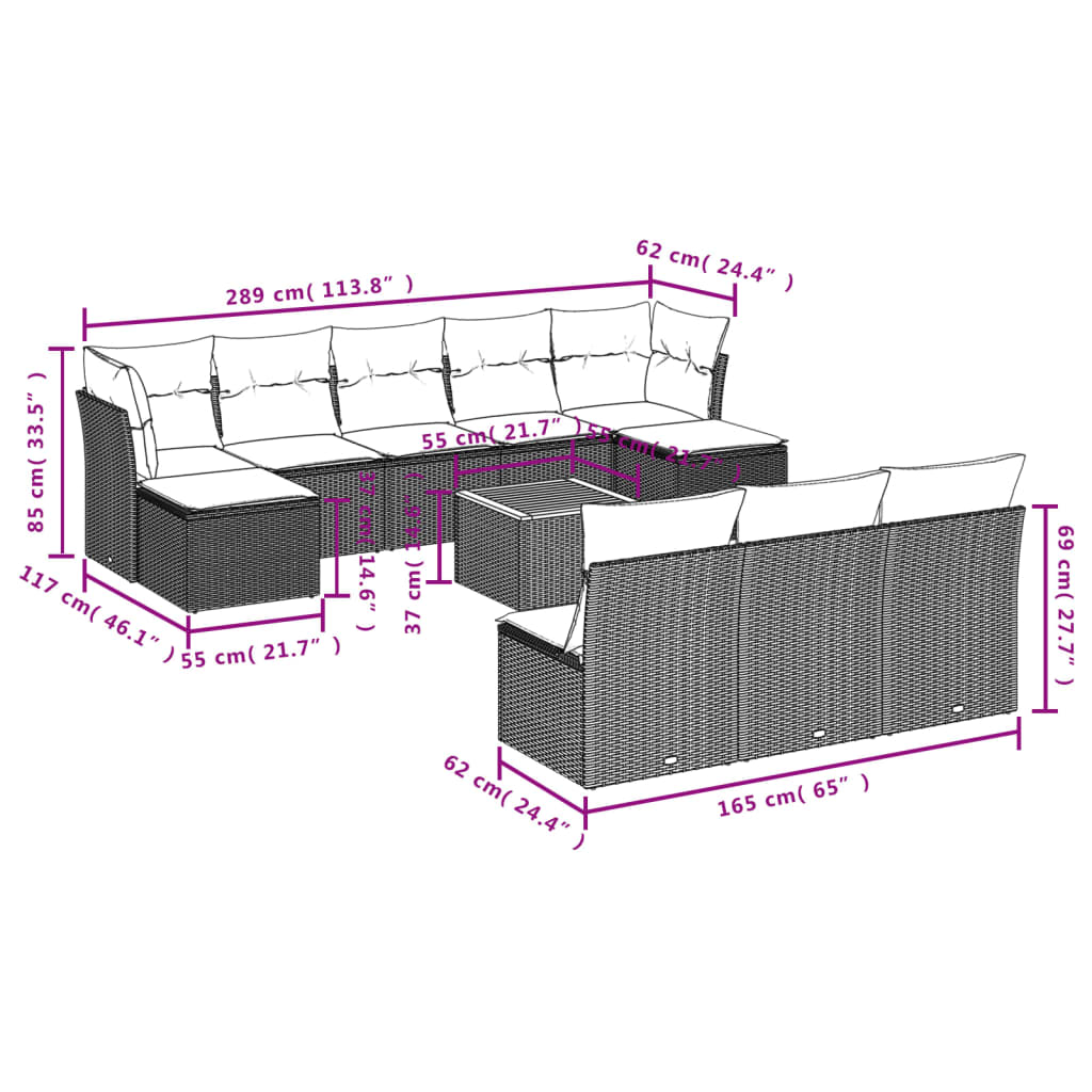 Set canapele de grădină cu perne, 11 piese, gri, poliratan 3223869 - imagine 3