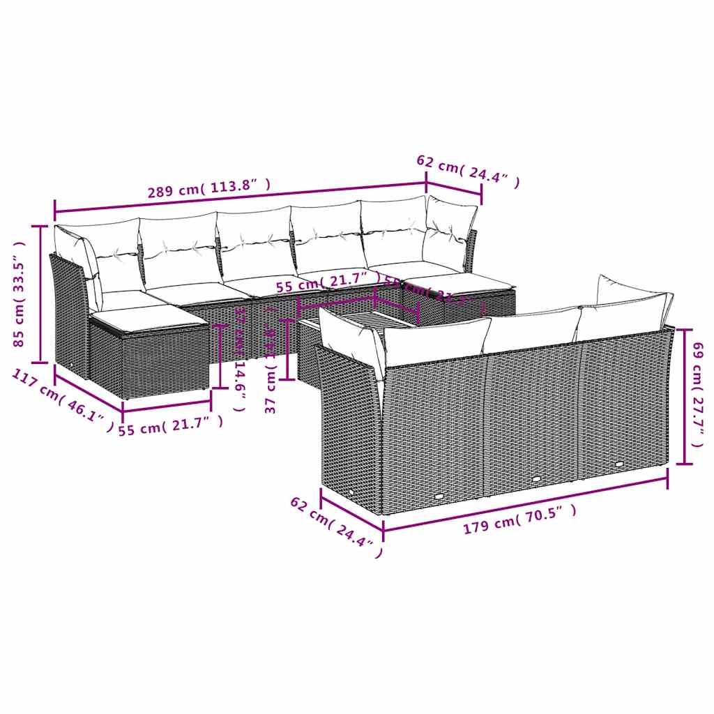 Set canapele de grădină cu perne, 11 piese, negru, poliratan 3223878 - imagine 3