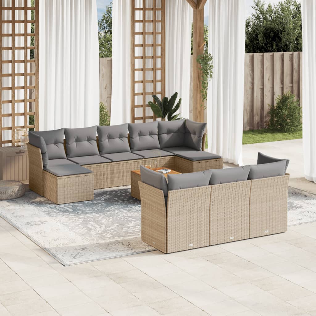 vidaXL 11-tlg. Garten-Sofagarnitur mit Kissen Beige Poly Rattan