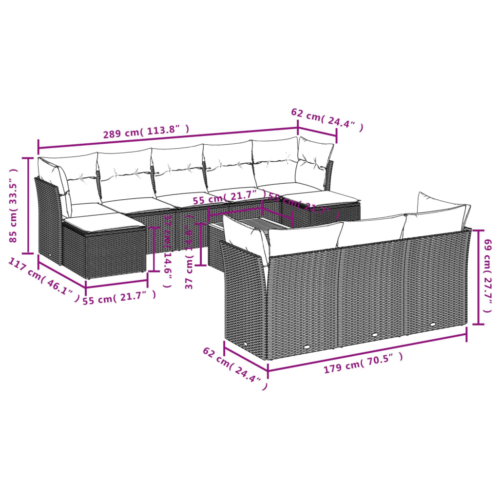 Set canapele de grădină cu perne, 11 piese, gri, poliratan 3223883 - imagine 3