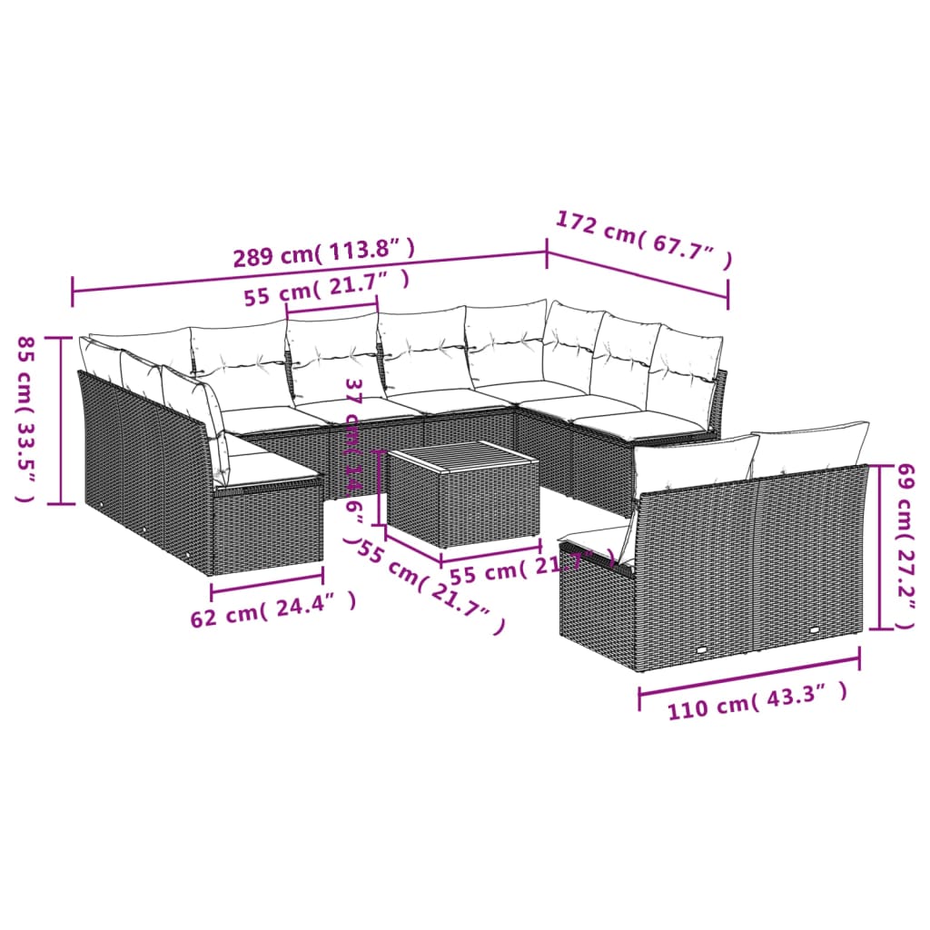 Set canapea de grădină cu perne, 12 piese, gri, poliratan 3223890 - imagine 3