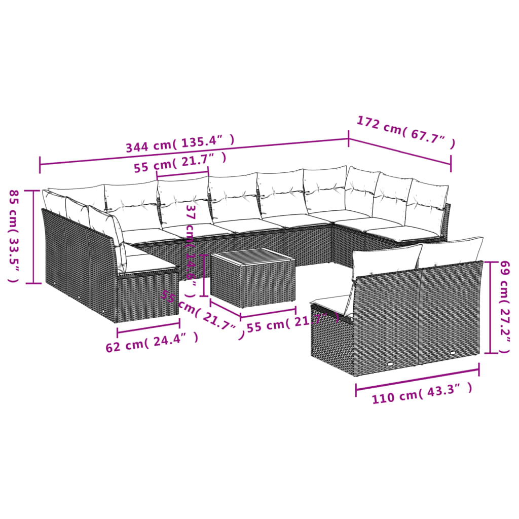 Set mobilier de grădină cu perne, 13 piese, negru, poliratan 3223893 - imagine 3