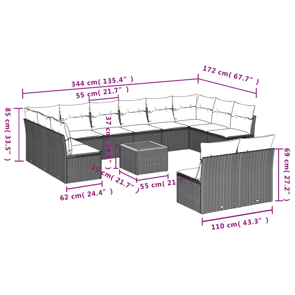 Set mobilier de grădină cu perne, 13 piese, gri, poliratan 3223897 - imagine 3