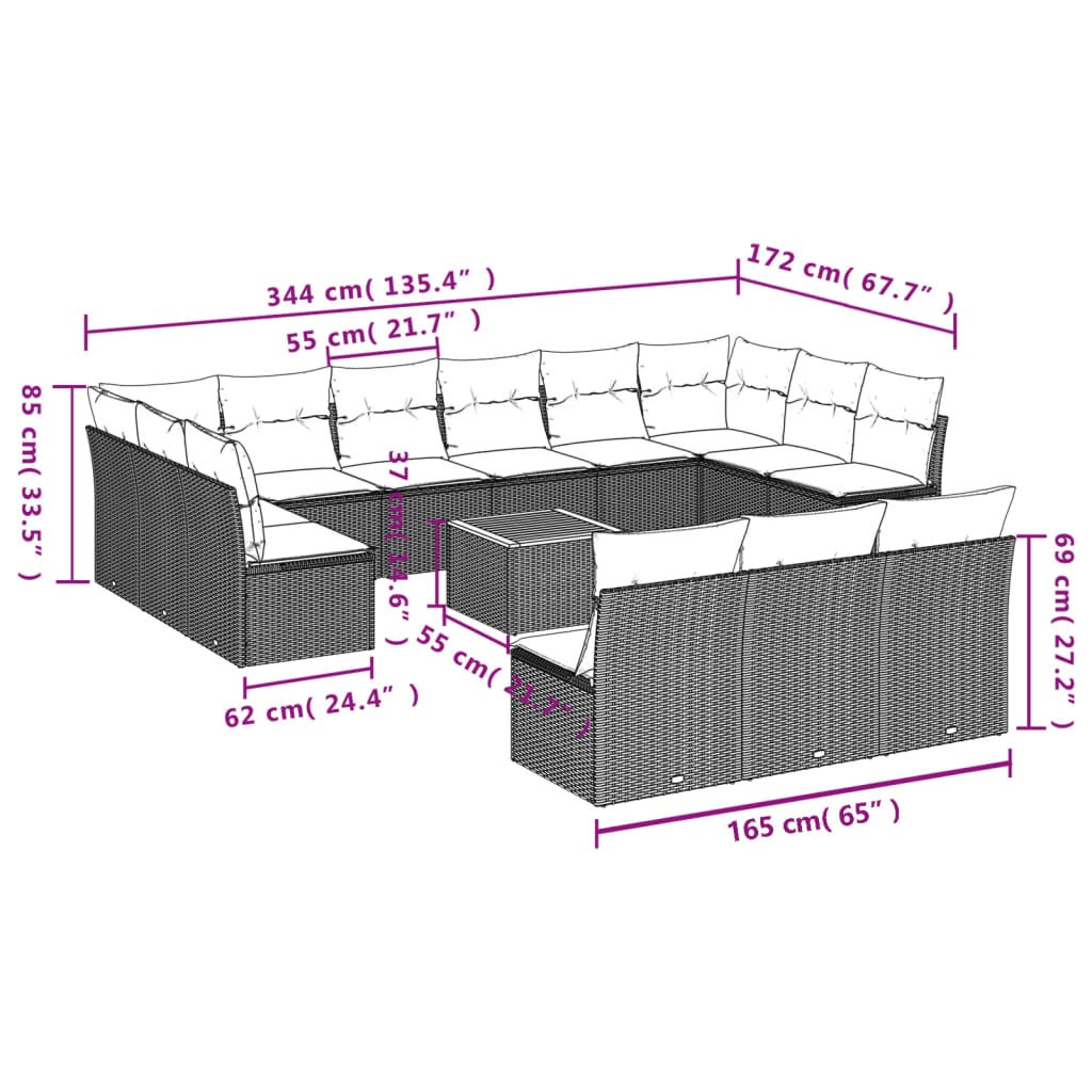 Set mobilier de grădină cu perne, 14 piese, negru, poliratan 3223900 - imagine 3