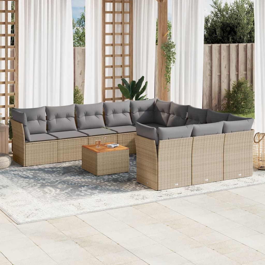 12-tlg. Garten-Sofagarnitur mit Kissen Beige Poly Rattan