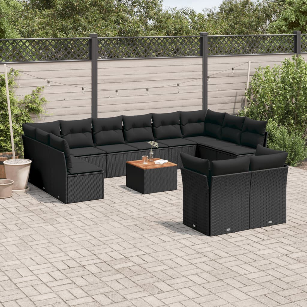 vidaXL 13-tlg. Garten-Sofagarnitur mit Kissen Schwarz Poly Rattan