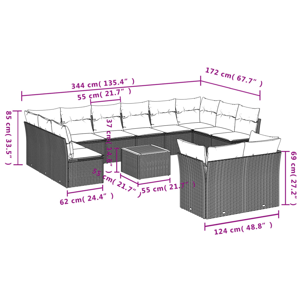 Set mobilier de grădină cu perne, 13 piese, negru, poliratan 3223914 - imagine 3