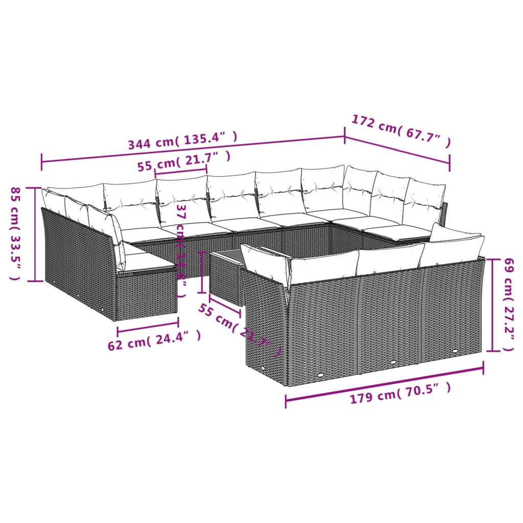 Set mobilier de grădină cu perne, 14 piese, negru, poliratan 3223921 - imagine 3