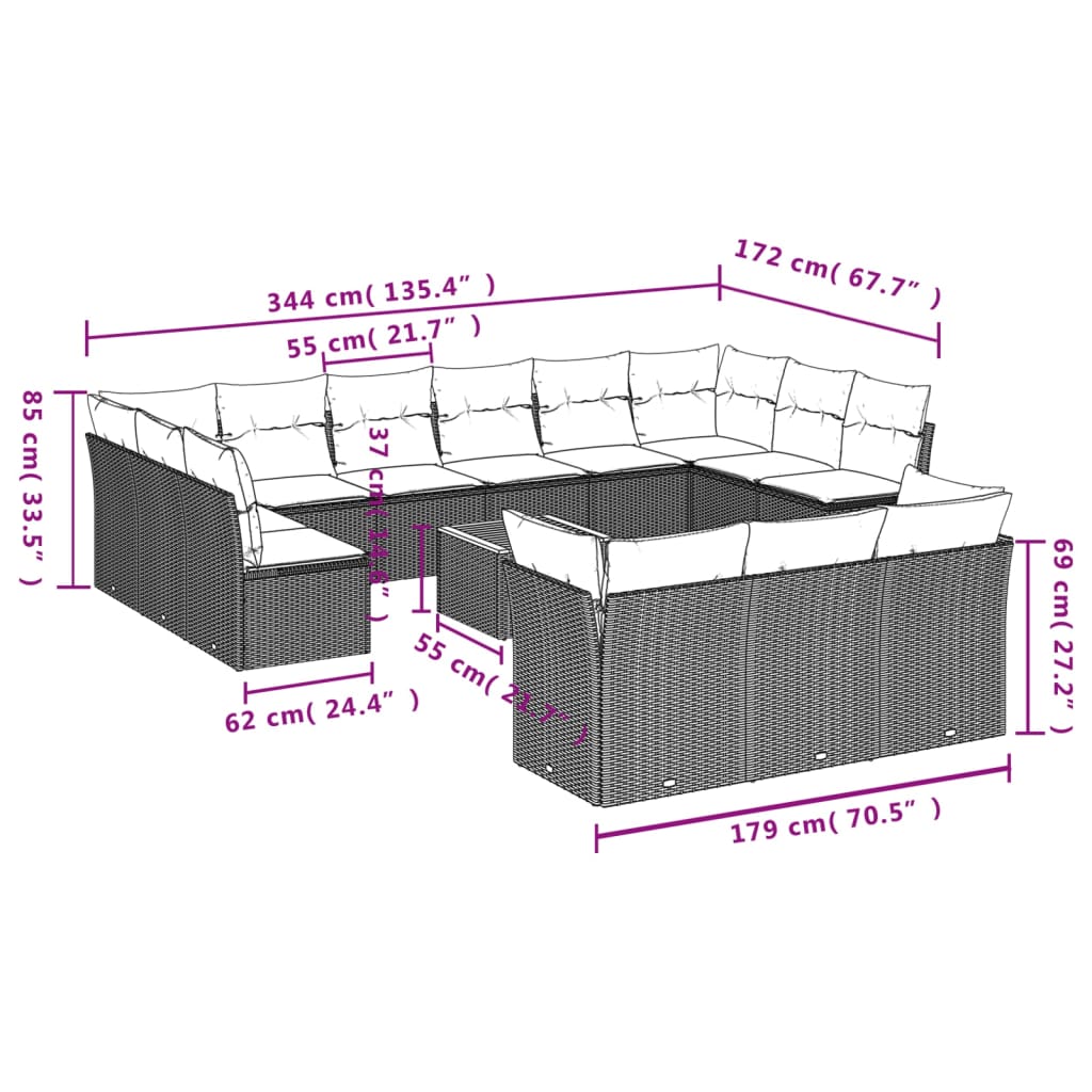 Set mobilier de grădină cu perne, 14 piese, gri, poliratan 3223925 - imagine 3