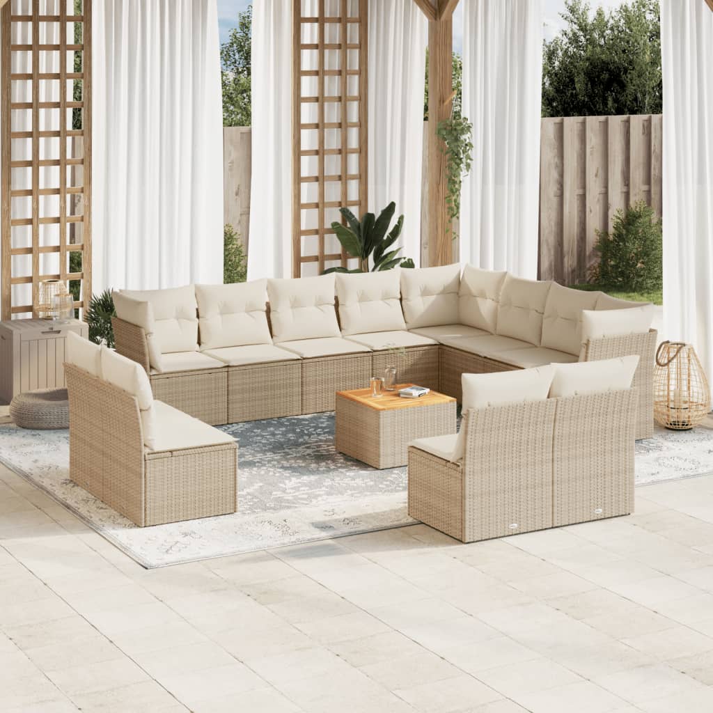 vidaXL 13-tlg. Garten-Sofagarnitur mit Kissen Beige Poly Rattan