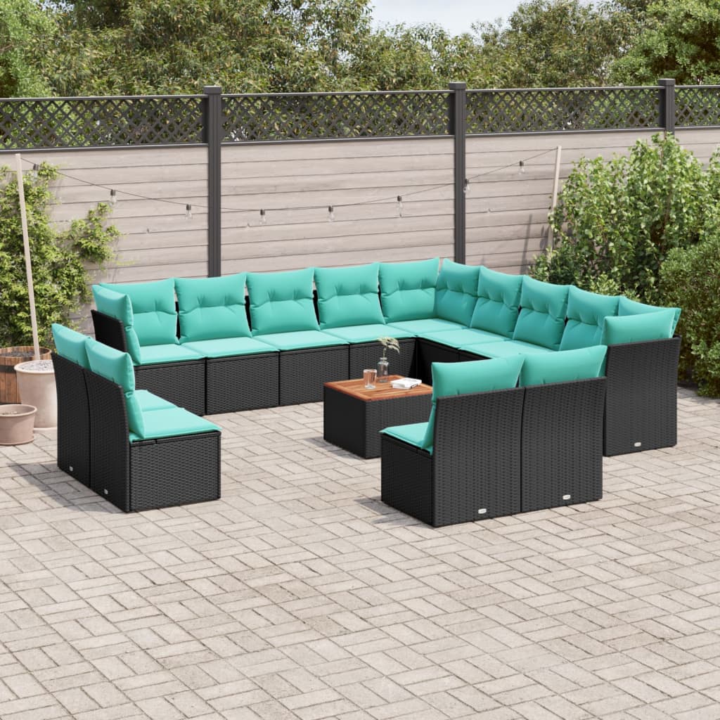 Set sofás de jardín 14 pzas con cojines ratán sintético negro